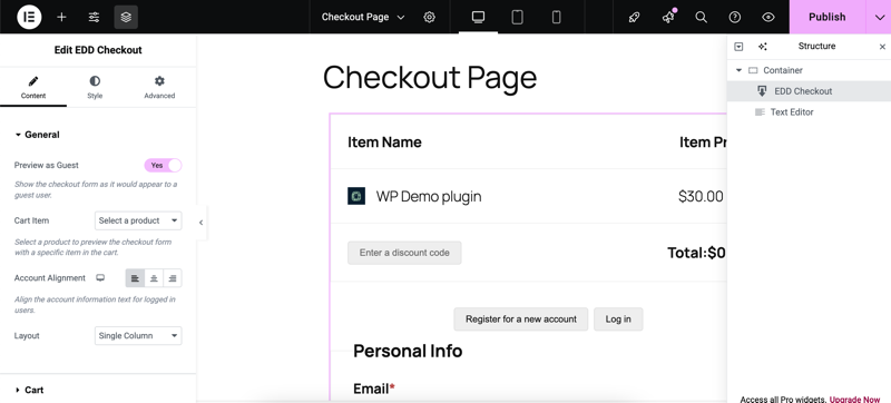 elementor-edd-checkout-editing – Easy Digital Downloads Elementor editor EDD checkout page.
