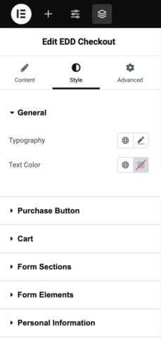 elementor-edit-edd-checkout-styles – Easy Digital Downloads Elementor EDD Checkout Widget style settings.