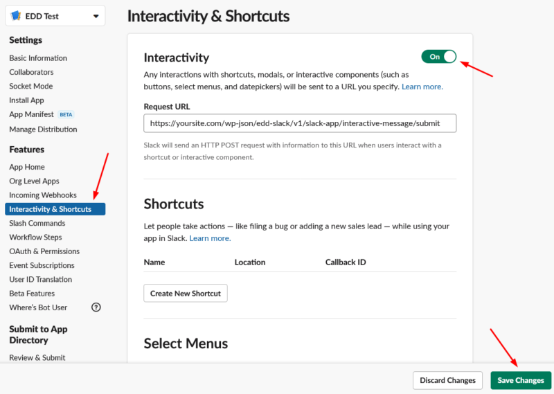 image – Easy Digital Downloads Enabling interactive notifications in Slack App settings.
