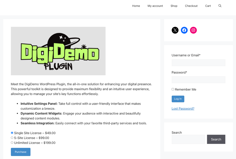Example of product page to purchase and license software in WordPress with EDD.