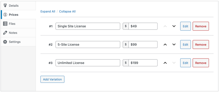 Setting up price variations for software licenses in WordPress using Easy Digital Downloads. 