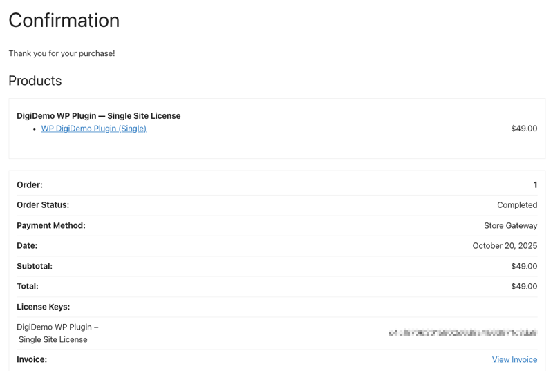 Confirmation page shown to customer with details of software license. 