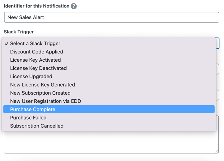 slack-integration-trigger-new-edd – Easy Digital Downloads Selecting an EDD Slack Trigger in WordPress for purchase complete.
