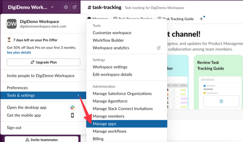 slack-settings-manage-apps – Easy Digital Downloads Tools and settings in Slack workspace with Manage apps option.
