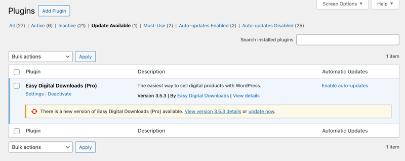 update-edd-pro-plugin – Easy Digital Downloads Option to update Easy Digital Downloads Pro plugin to latest version in WordPress.