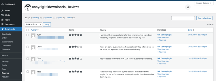 edd-product-reviews-wordpress-dashboard-manage – Easy Digital Downloads Manage and moderate customer reviews in WordPress via Easy Digital Downloads.
