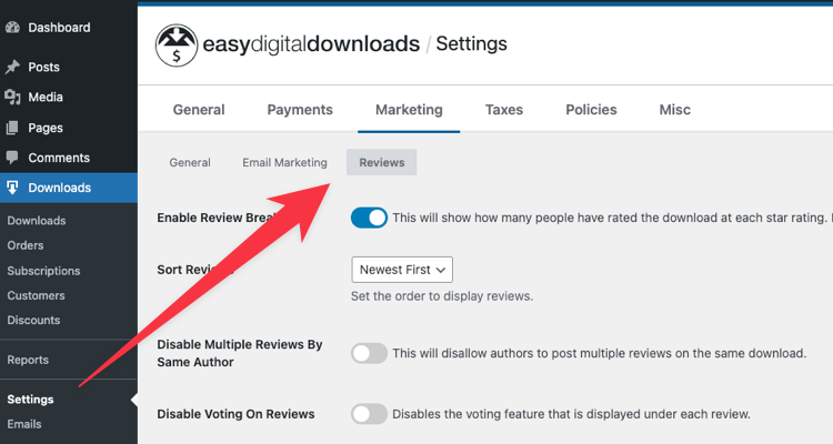 edd-settings-reviews-wordpress-marketing – Easy Digital Downloads The EDD Reviews settings in WordPress.