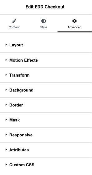 edit-edd-checkout-elementor-advanced – Easy Digital Downloads Elementor's EDD Checkout Widget Advanced settings.