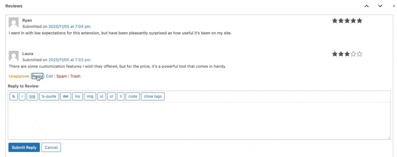 reply-product-reviews – Easy Digital Downloads Adding reply to product review in WordPress.