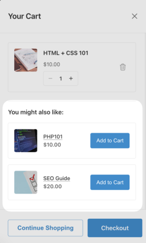 Cart Recommendations displaying 'you might also like' products in Cart Preview drawer.