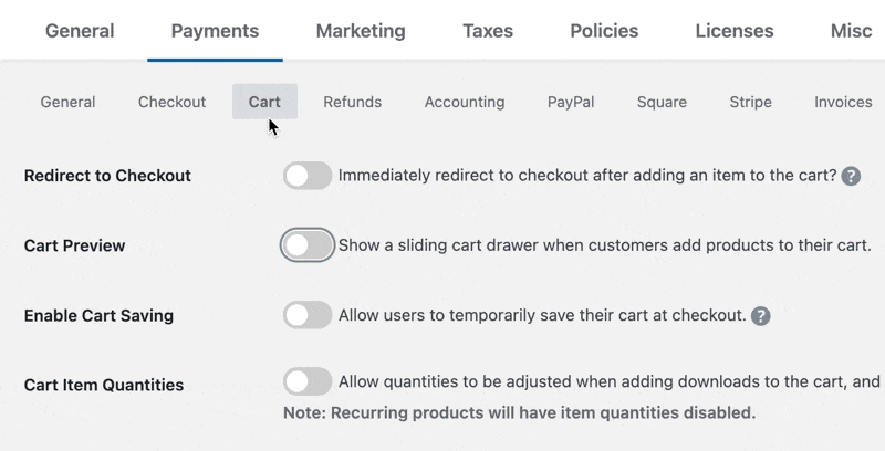 Enabling the Cart Preview settings.