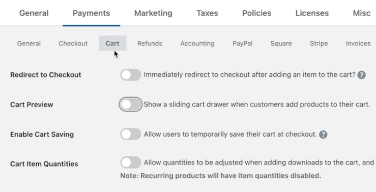 Enabling Cart Preview feature in Easy Digital Downloads Core plugin settings.