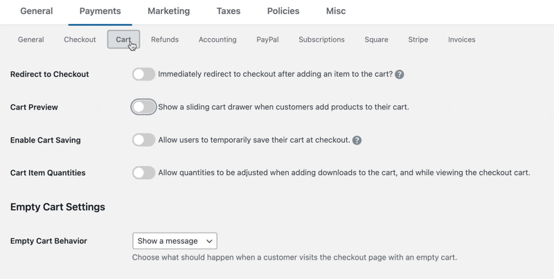 Enabling Cart Recommendations feature in Easy Digital Downloads.