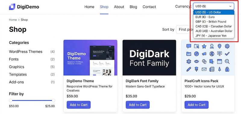 multi-currency-pricing-options-wordpress – Easy Digital Downloads A currency switcher menu on an eCommerce site using a multi-currency WordPress plugin.