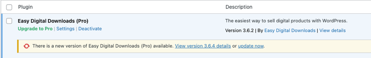 Option to update Easy Digital Downloads (Pro) plugin in WordPress.