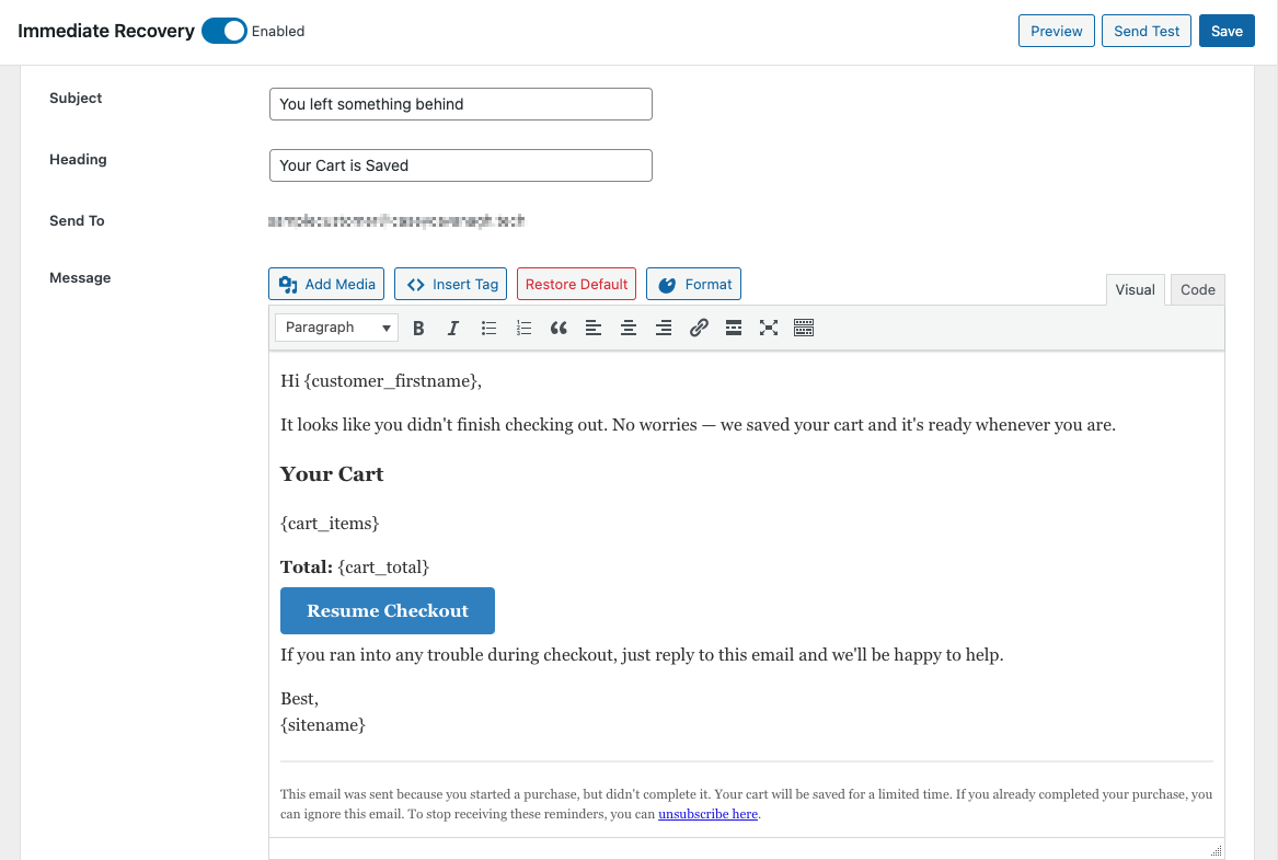 EDD cart recovery email message template.