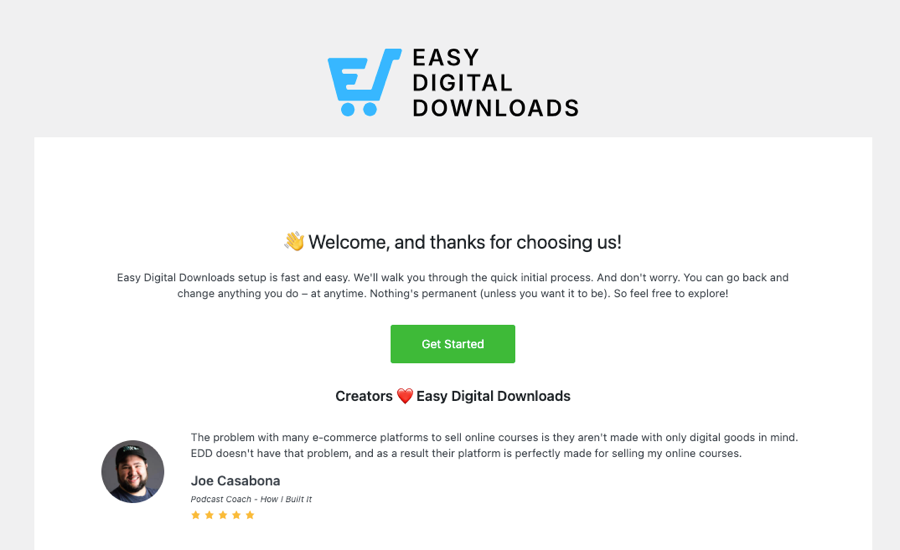Easy Digital Downloads setup wizard