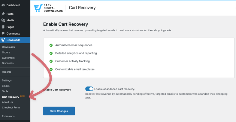 Enable abandoned cart recovery in Easy Digital Downloads.