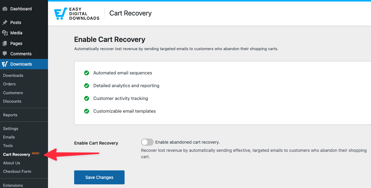 The new Easy Digital Downloads Cart Recovery feature menu item.