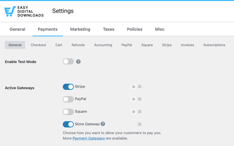 Easy Digital Downloads payment gateway settings with Stripe enabled. 