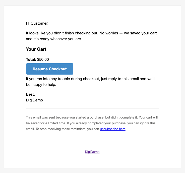Easy Digital Downloads abanonded cart recovery email.
