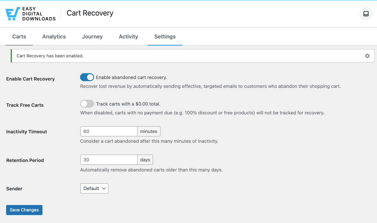 EDD Cart Recovery settings.