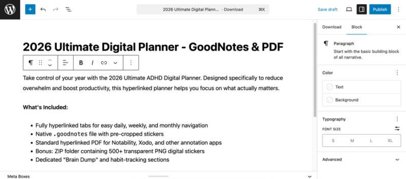 Optimizing a digital product page in WordPress for SEO and conversions.