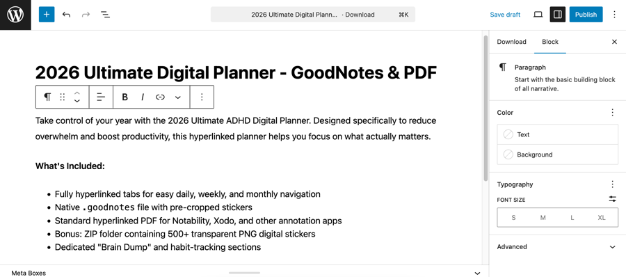 Creating a product page to sell digital planner with WordPress and Easy Digital Downloads. 