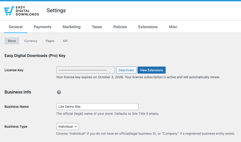 Easy Digital Downloads WordPress pluygin general business store settings.