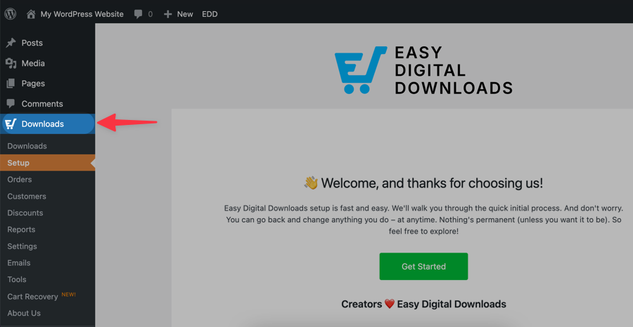 Easy Digital Downloads menu item in WordPress admin area