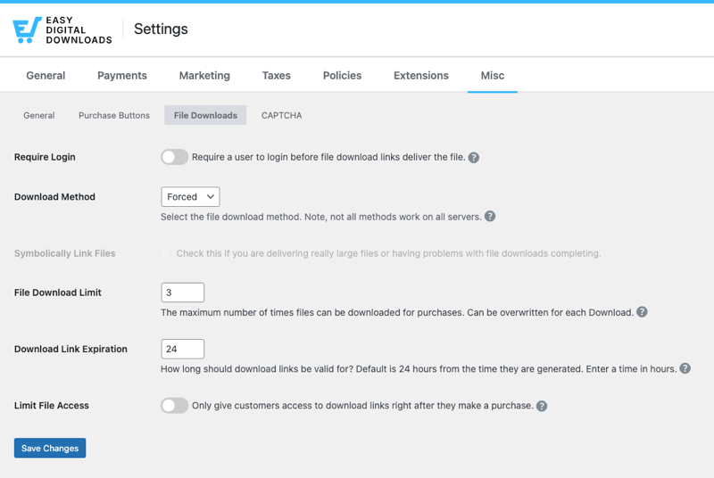 The File Download settings for a digital document in Easy Digital Downloads. 