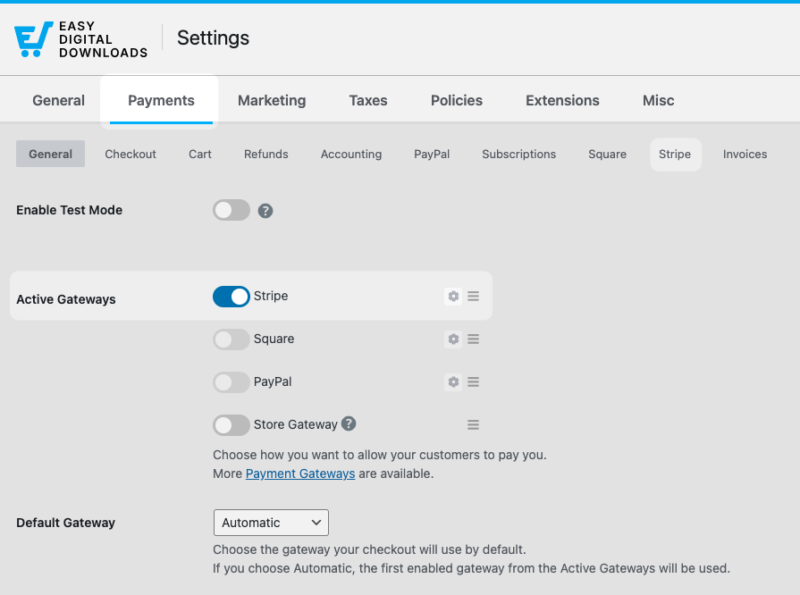 EDD plugin payment gateway settings.