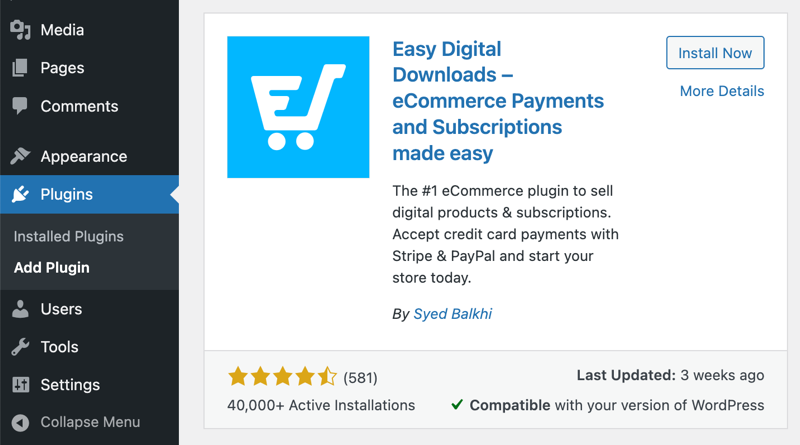 Installing the Easy Digital Downloads Core plugin from WordPress plugin directory. 