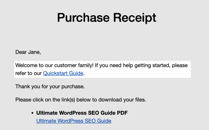 EDD's conditional email tags shown in a first-time buyer's purchase receipt.