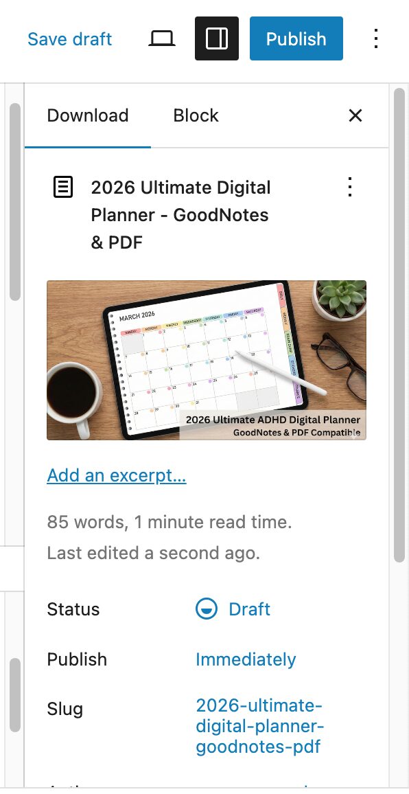 Setting a download image to sell digital planner PDF on WordPress with Easy Digital Downloads.