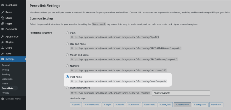 WordPress website permalink settings.