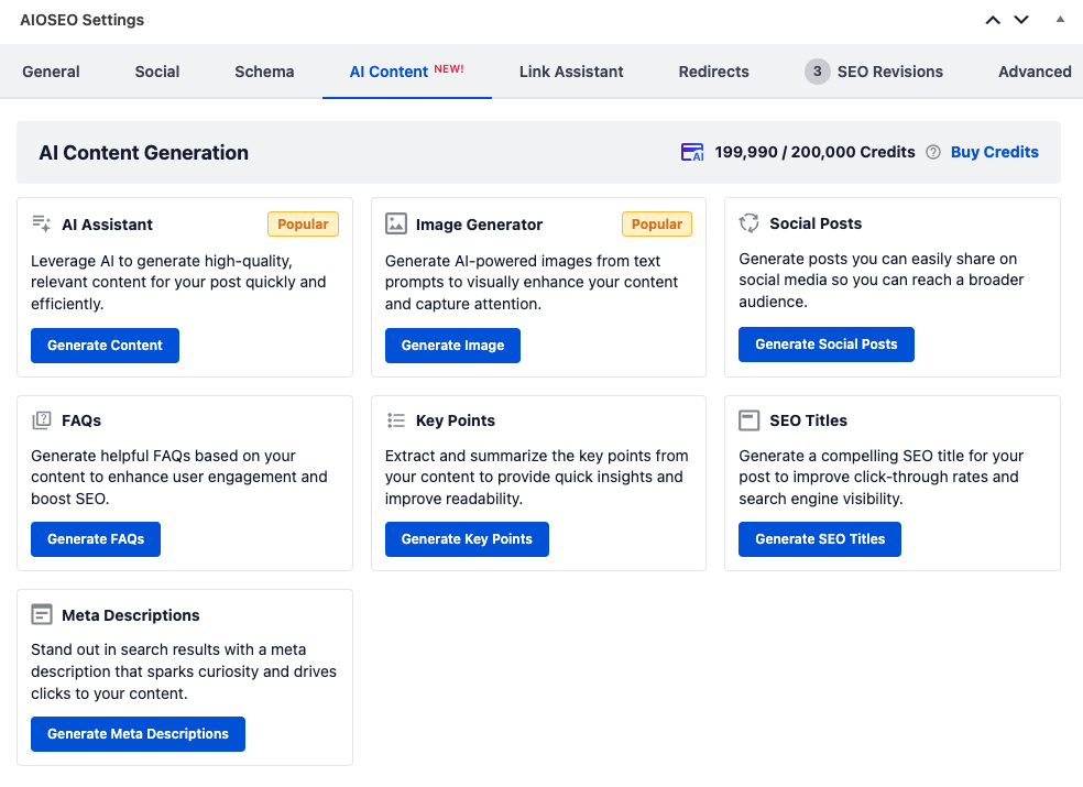 Opzioni di generazione di contenuti AI di AIOSEO per ottimizzare i prodotti digitali per la scoperta AI e GEO.