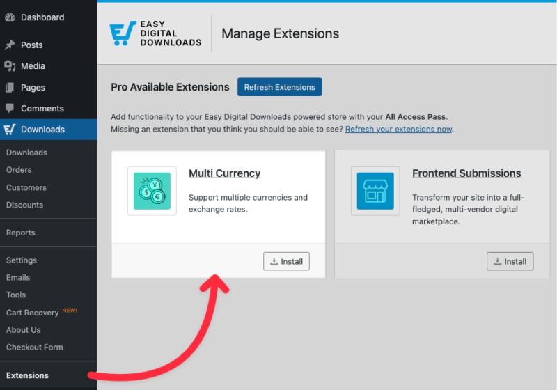 Installing the Easy Digital Downloads feature to sell digital products in multiple currencies on WordPress.