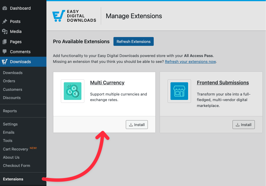 The EDD Multi-Currency extension feature in WordPress