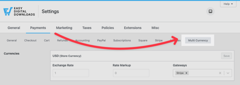 The Easy Digital Downloads Multi-Currency settings tab to configure how you sell digital products in multiple currencies on WordPress