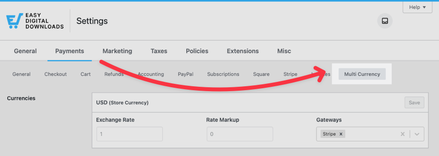 La scheda delle impostazioni Multi-Currency di Easy Digital Downloads per configurare come vendi prodotti digitali in più valute su WordPress