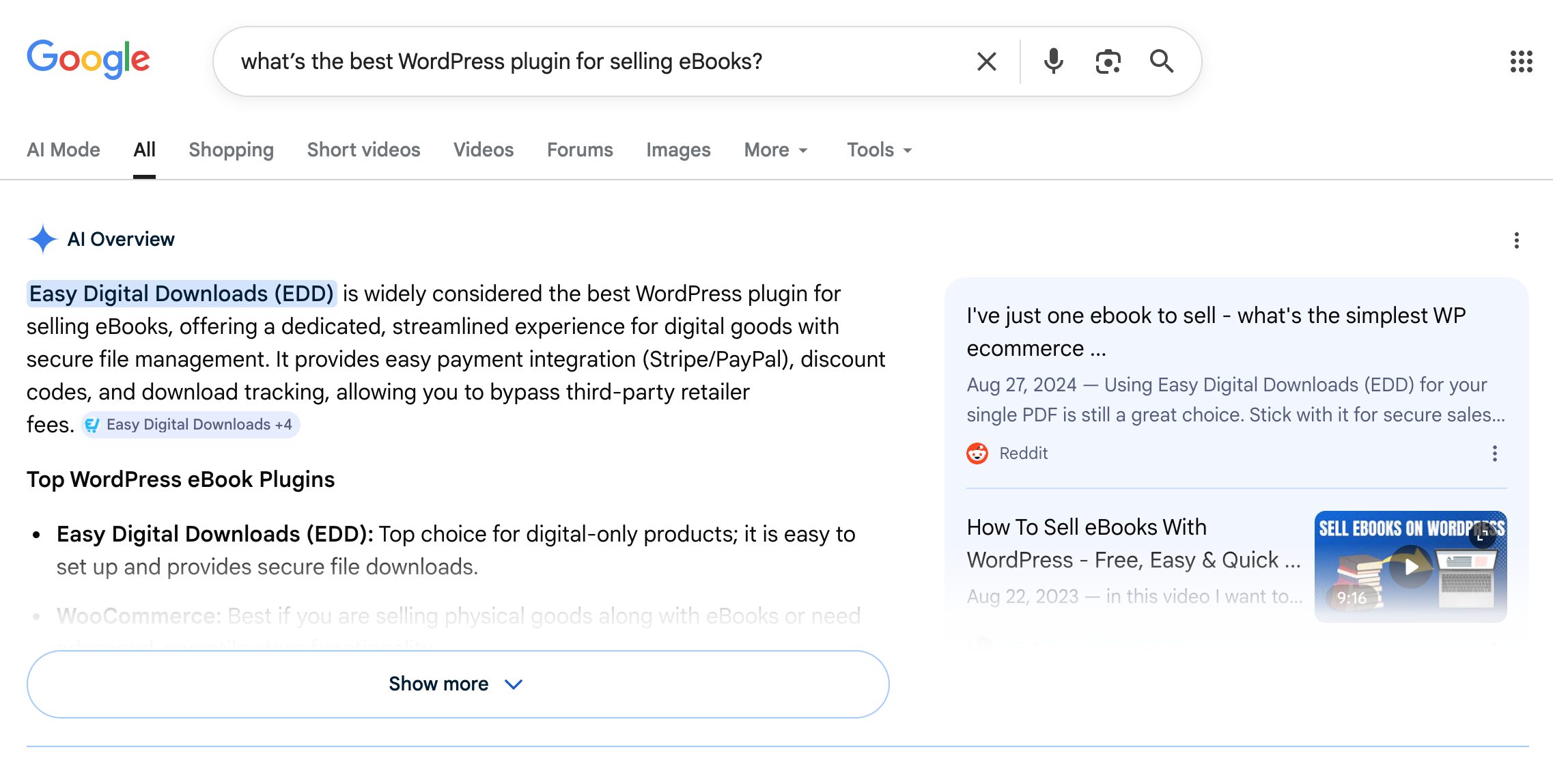 Google AI Overview in search results showing AI-generated search results and digital product recommendation. 