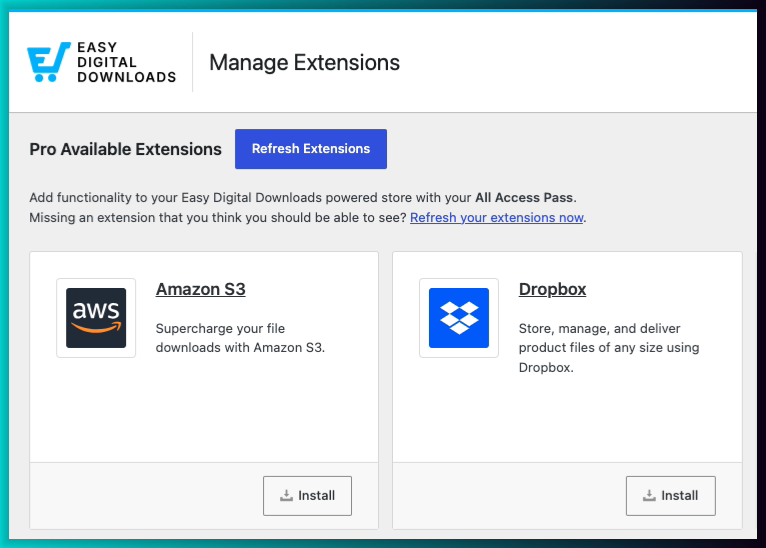 大きなファイルストレージ用のAmazon S3およびDropboxオプションを備えたEasy Digital Downloadsの拡張機能を管理します。