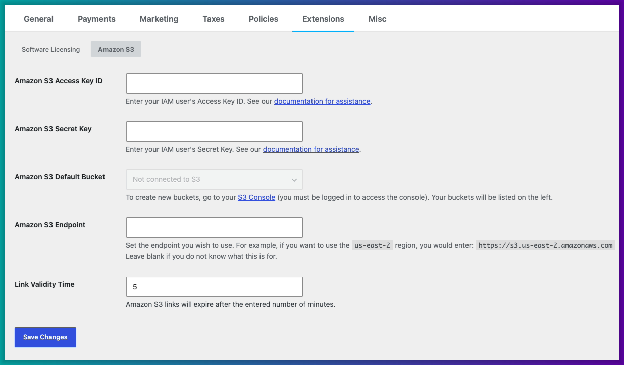 Easy Digital DownloadsでのAmazon S3統合の設定ページ。