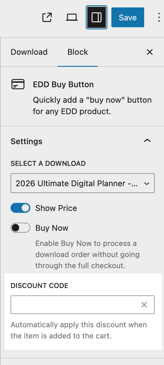 Discount Code option on EDD Buy Button Block in WordPress.