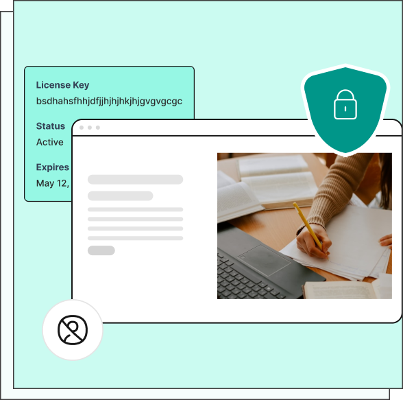 La finestra del browser web mostra una foto di qualcuno che scrive a una scrivania, con un lucchetto a scudo verde e una tessera blu con la dicitura "Chiave di licenza" Stato Attivo (data di scadenza accennata).
