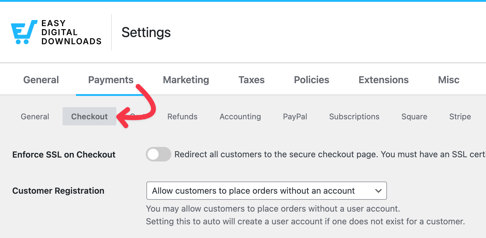 Checkout tab in Easy Digital Downloads payments settings. 