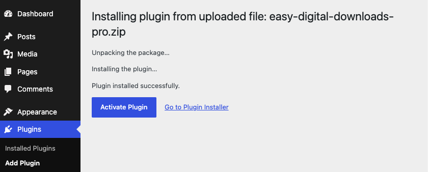 Install and activate Easy Digital Downloads Pro plugin zip in WordPress.