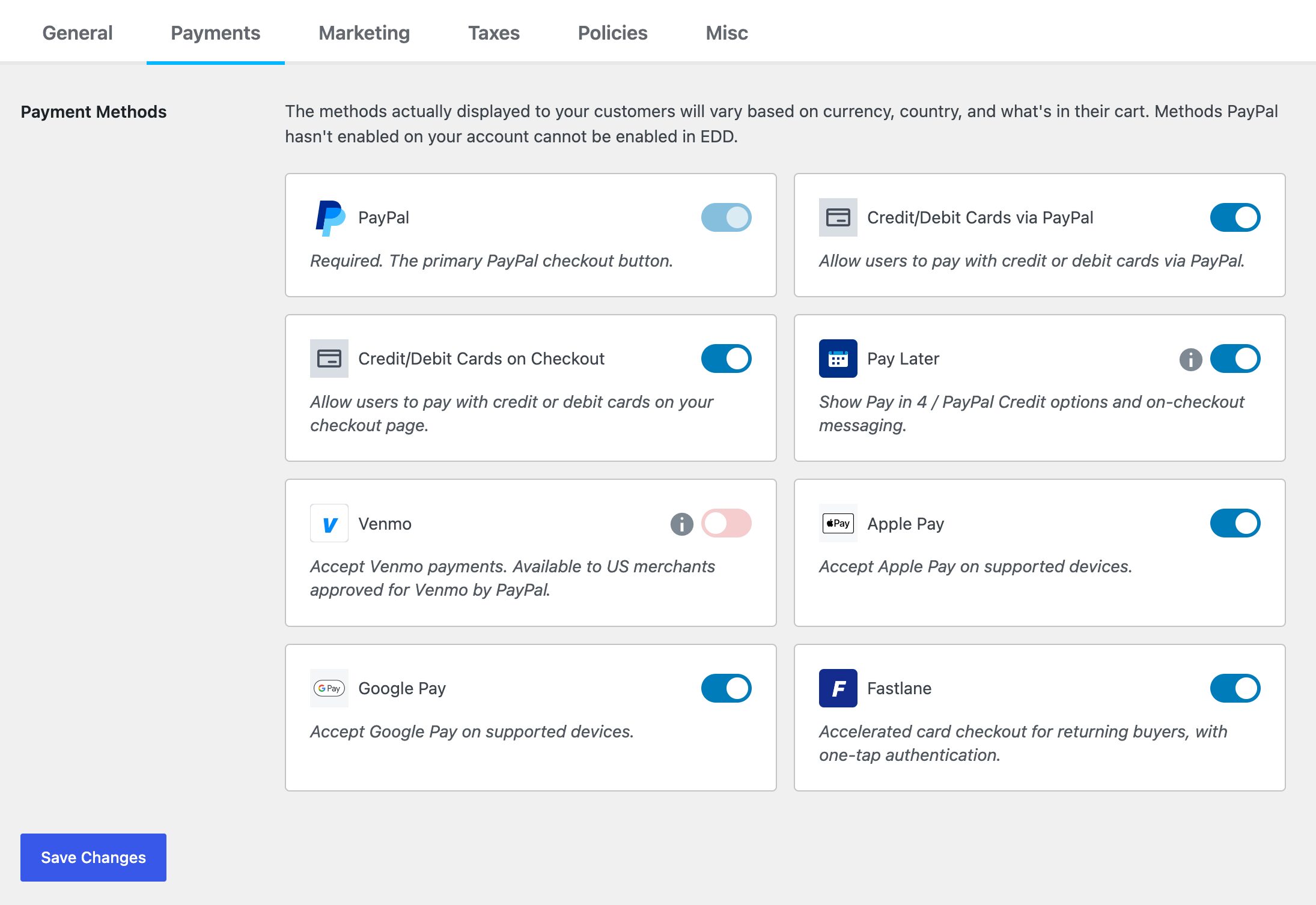 Bildschirm zum Aktivieren von PayPal Fastlane und zum Hinzufügen von PayPal-Zahlungsmethoden in WordPress.
