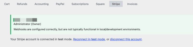 connect-in-test-mode-stripe-settings – Easy Digital Downloads Stripe dashboard: Admin/Owner banner; webhooks OK but not functional in local/dev, account in test mode with reconnect option